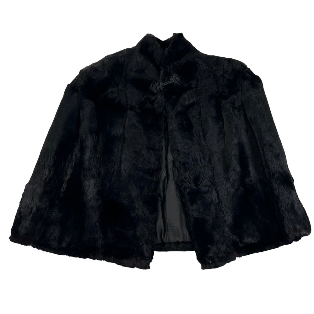 VTG 40s Black Rabbit Fur Capelet Stand Up Collar Ornate‎ Closure Floral Lining